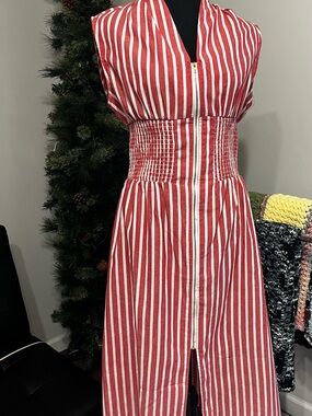 Red and White Striped Sleeveless Dress with Front Zip